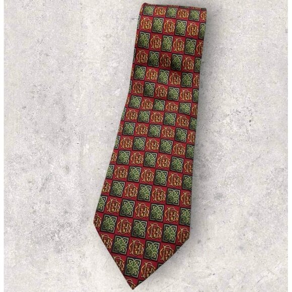 CHRISTIAN DIOR Silk Tie FRANCE Red Gold Monogram CD Baroque W:3.8" EUC - Picture 1 of 7